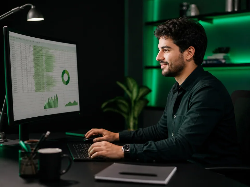 Profissional usando planilhas e gráficos em um monitor
