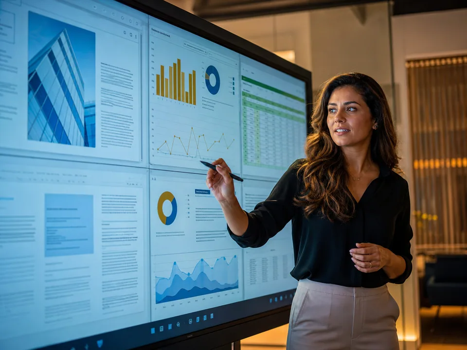 Profissional apresentando documentos, planilhas e dashboards em tela ampla